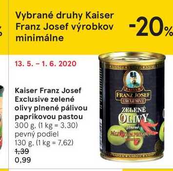 Kaiser Franz Josef Exclusive zelené olivy plnené pálivou pastou, 300 g
